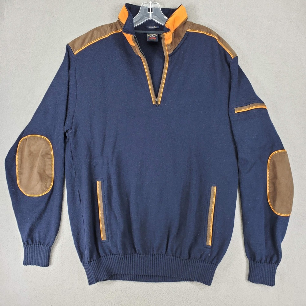 Paul & Shark Yachting 1/4 Zip Pullover Men L Navy Wool Sueded Trim Made In Italy